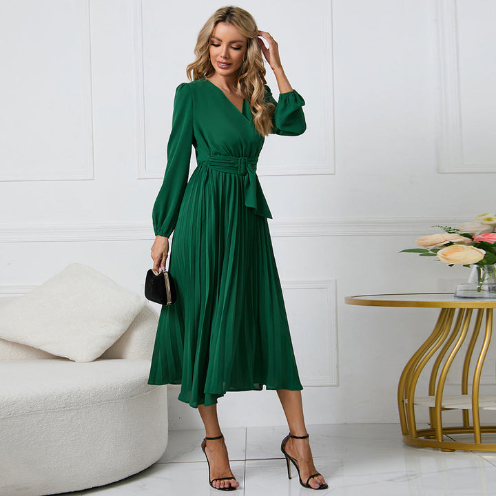 Vestito Midi Elegante Plissettato con Scollo a V