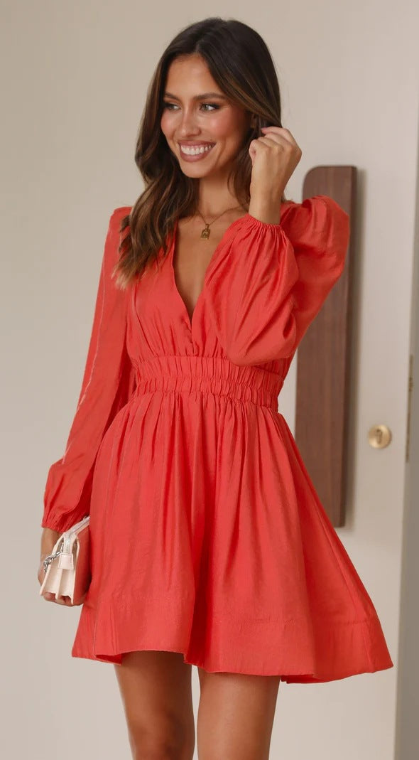 Elara Elegance™: Long-Sleeve V-Neck Dress