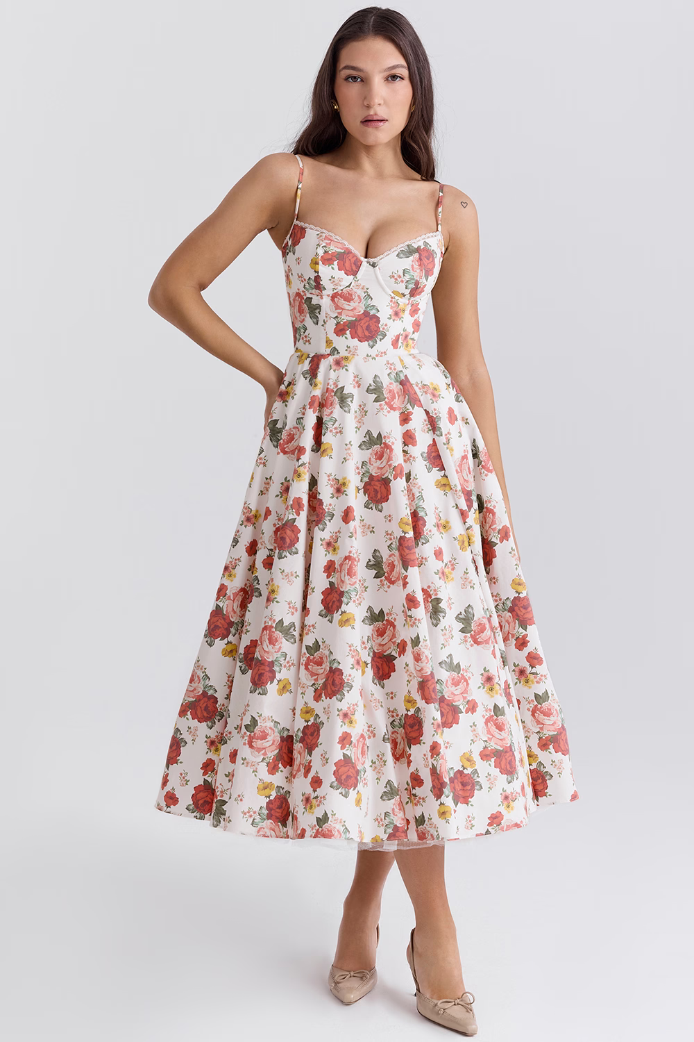 Elara - Abito Midi Corsetto con Gonna Voluminosa e Spalline Delicate™