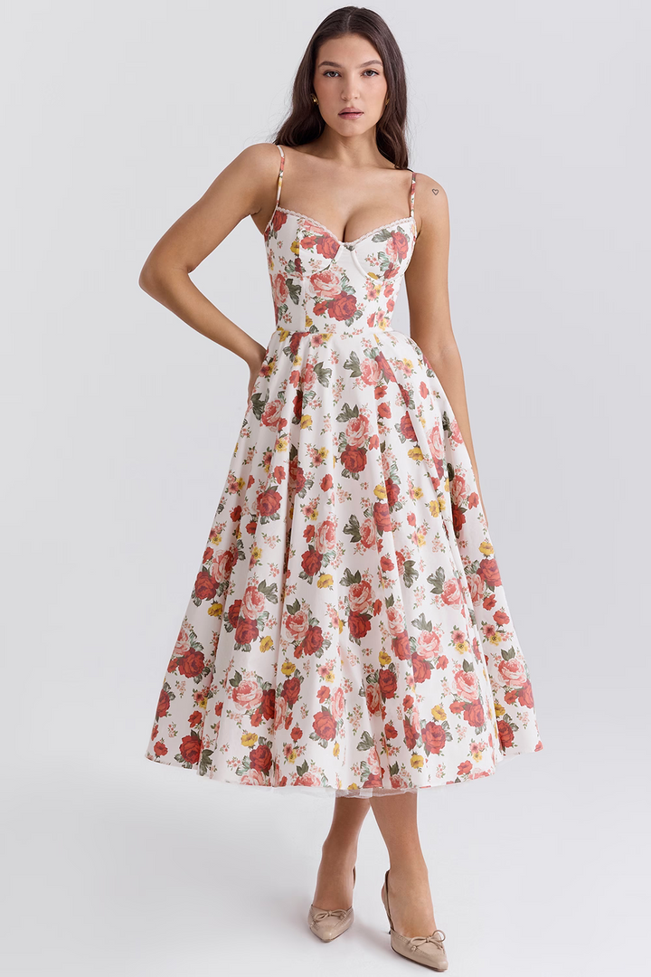 Elara - Abito Midi Corsetto con Gonna Voluminosa e Spalline Delicate™