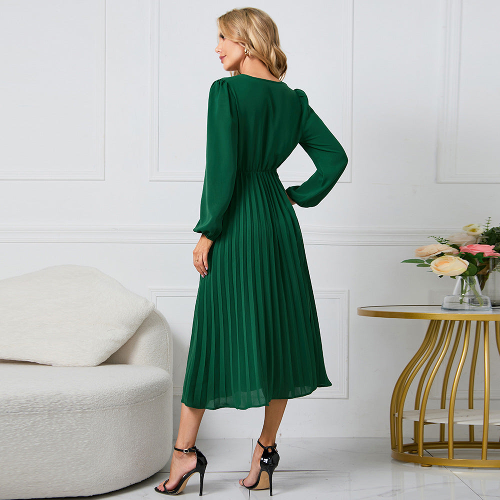 Vestito Midi Elegante Plissettato con Scollo a V