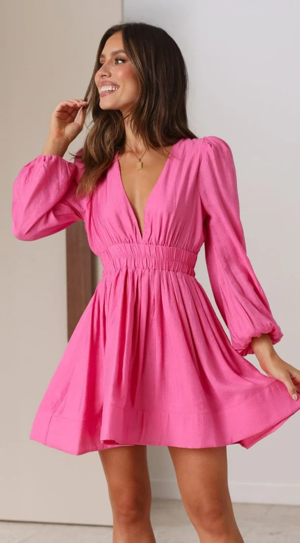 Elara Elegance™: Long-Sleeve V-Neck Dress
