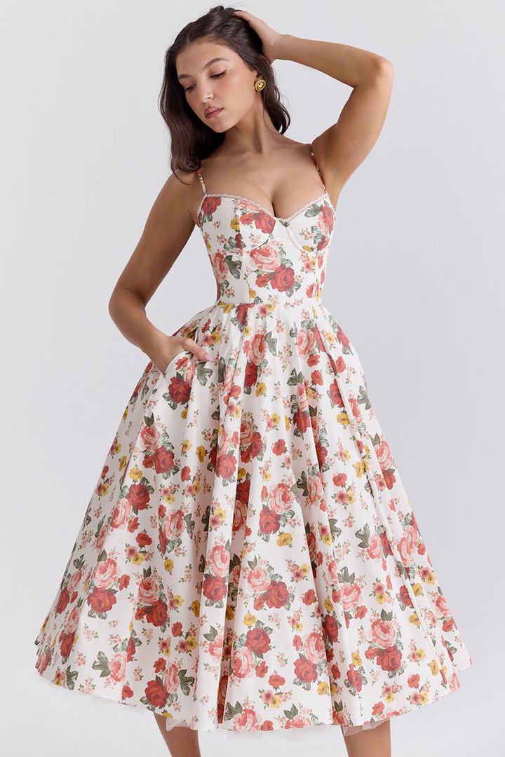 Elara - Abito Midi Corsetto con Gonna Voluminosa e Spalline Delicate™