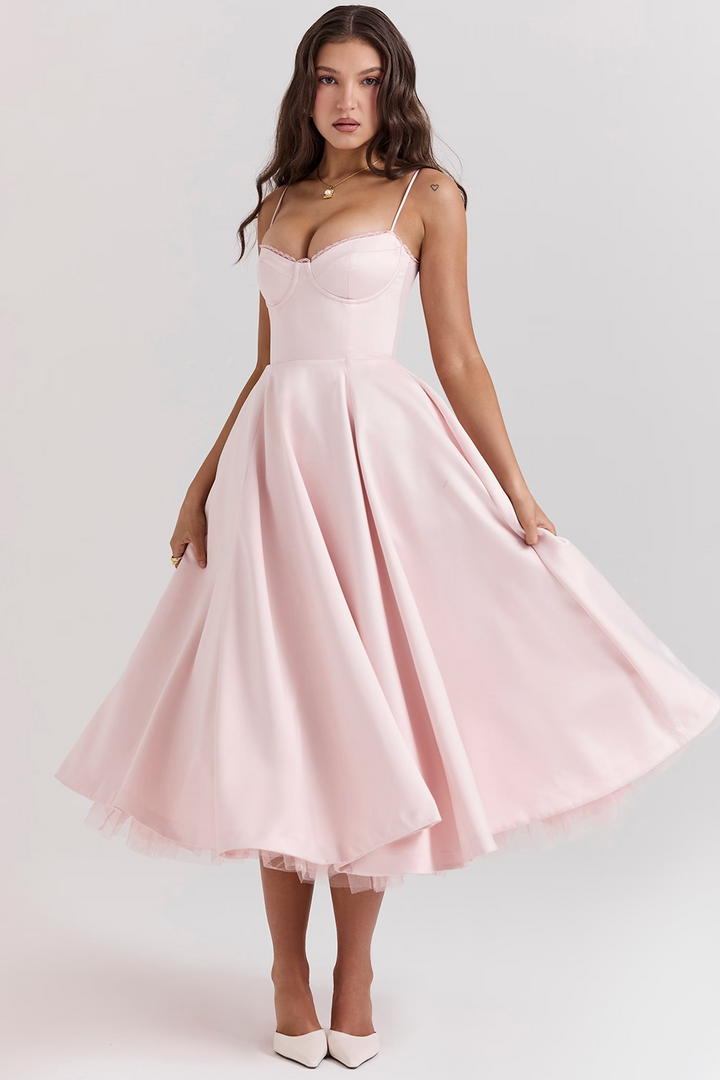 Elara - Abito Midi Corsetto con Gonna Voluminosa e Spalline Delicate™