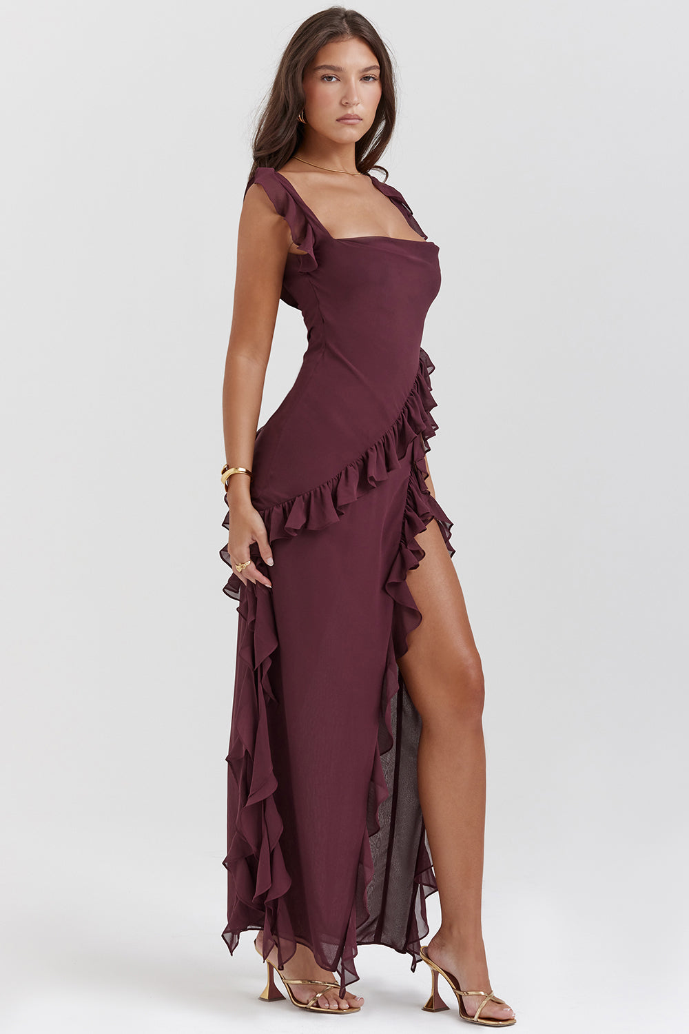 Elara-Chiffon Gown with Ruffles and Slit™