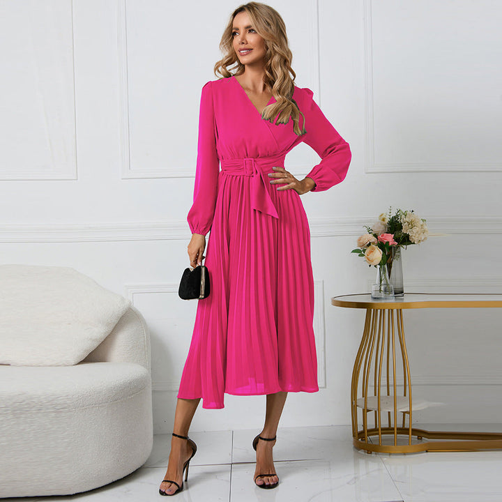 Vestito Midi Elegante Plissettato con Scollo a V