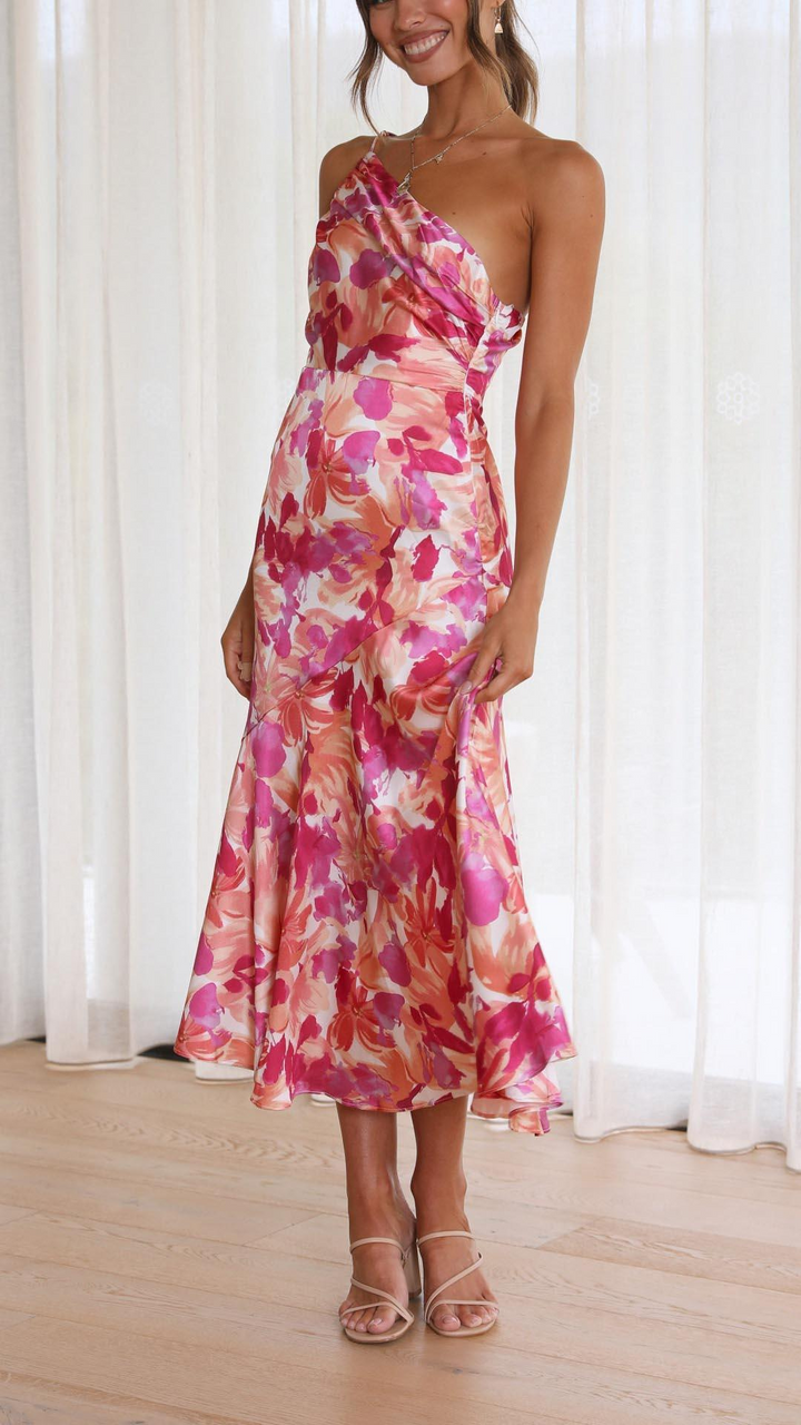 Flora-Elegance Asymmetric Satin Midi Dress™