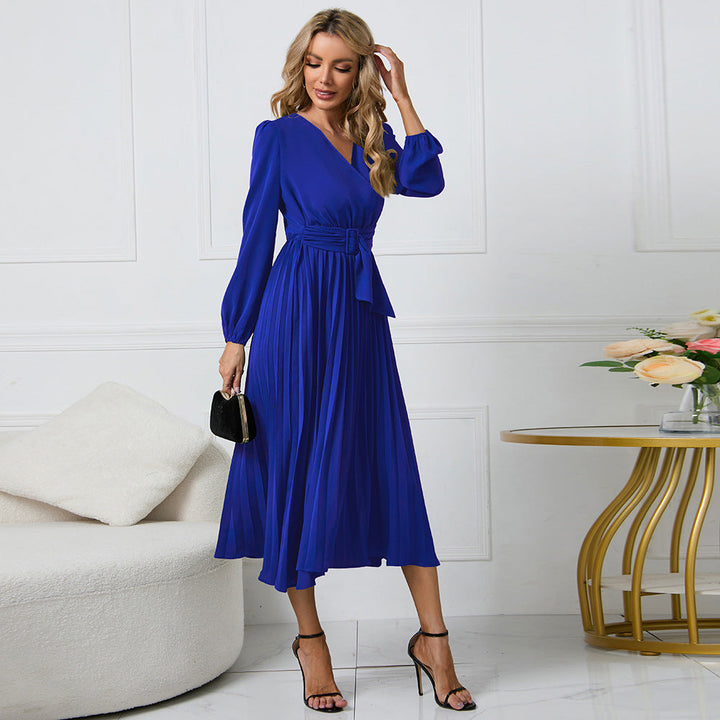 Vestito Midi Elegante Plissettato con Scollo a V
