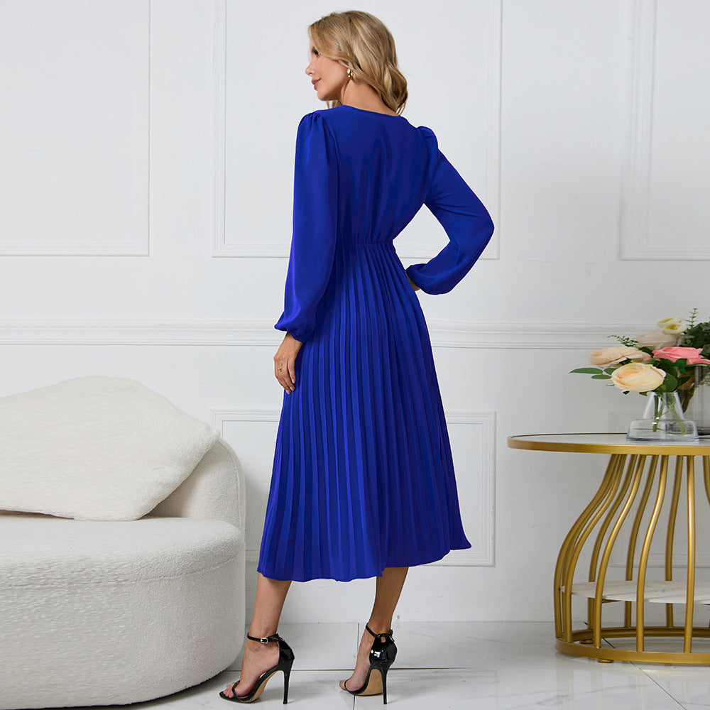 Vestito Midi Elegante Plissettato con Scollo a V
