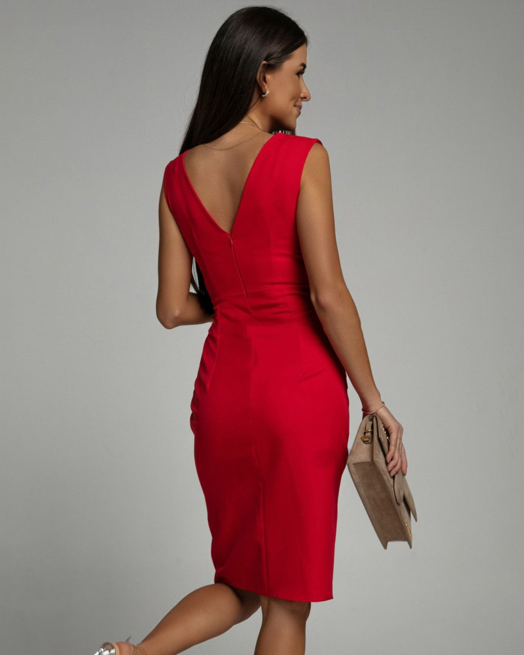 Sophia Grace™ - Chic Midi Dress with V-Neckline and Subtle Slit for Special Occasions