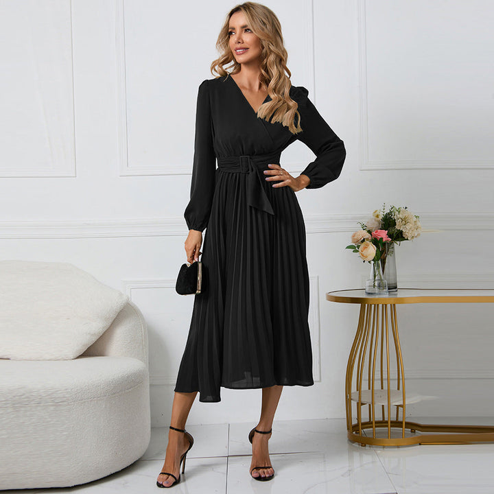 Vestito Midi Elegante Plissettato con Scollo a V