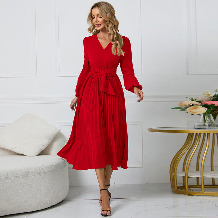Vestito Midi Elegante Plissettato con Scollo a V