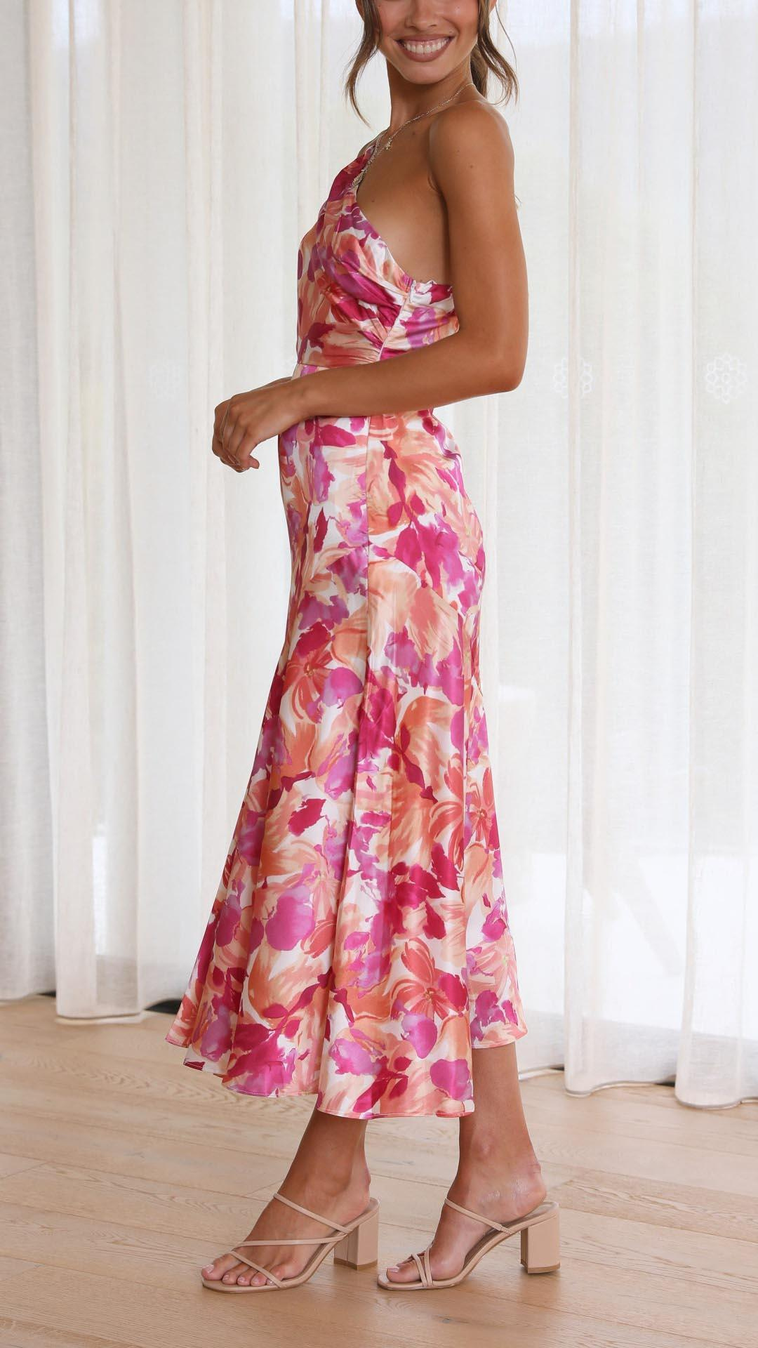 Flora-Elegance Asymmetric Satin Midi Dress™