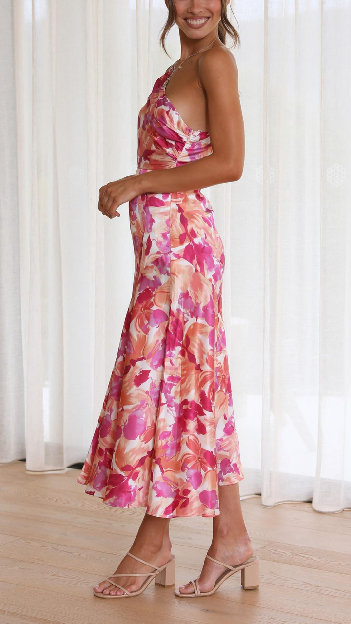 Flora-Elegance Asymmetric Satin Midi Dress™
