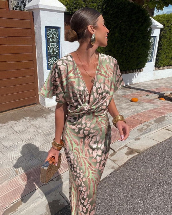 Bruna | Vestito Lungo Satinato Twisted con Scollo a V Drappeggiato