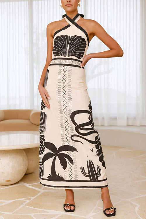Vestito Lungo Halter Incrociato con Stampa Palm Canyon