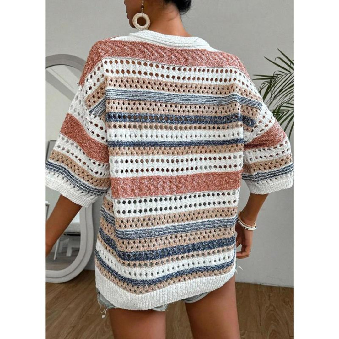 ELARA™ – Serene Striped Crochet V-Neck Top