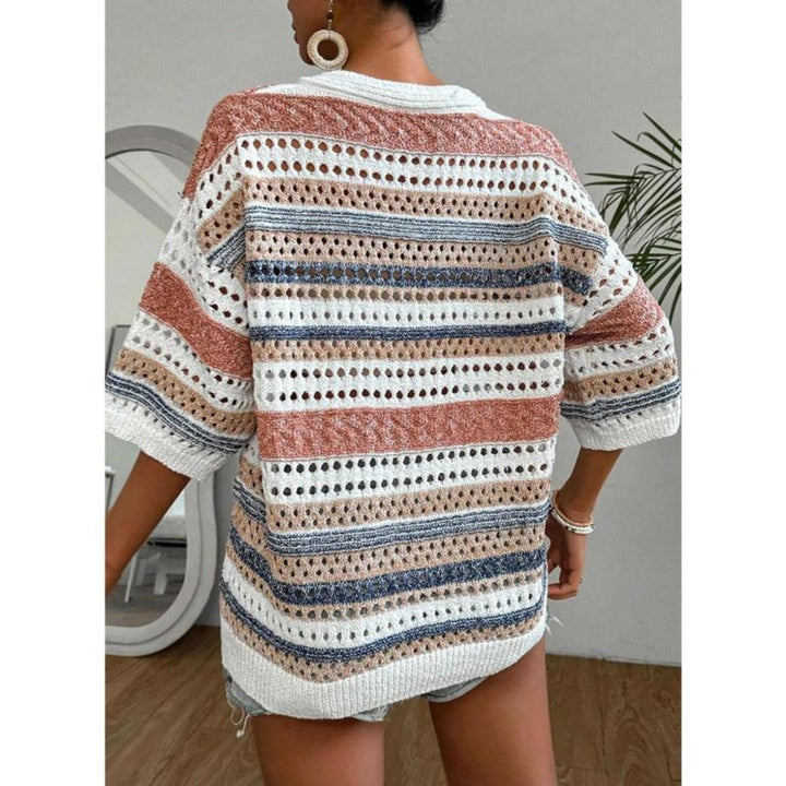 ELARA™ – Serene Striped Crochet V-Neck Top