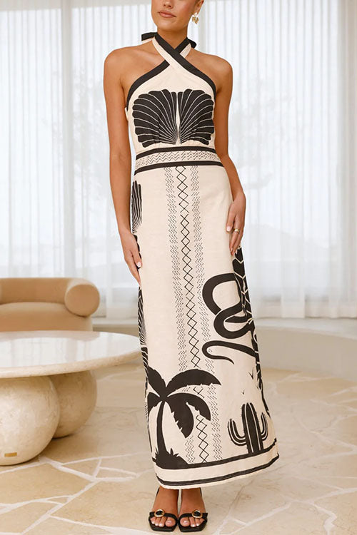Vestito Lungo Halter Incrociato con Stampa Palm Canyon
