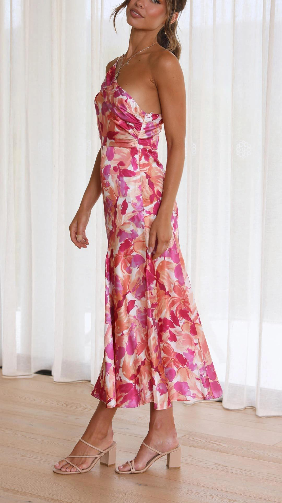 Flora-Elegance Asymmetric Satin Midi Dress™