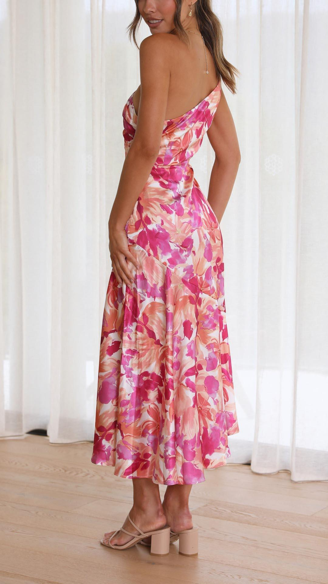 Flora-Elegance Asymmetric Satin Midi Dress™
