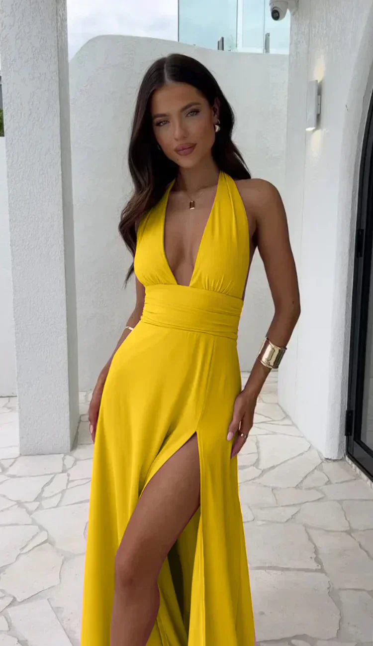 Isabella-Elegance™ Deep V-Neck Side Slit Dress