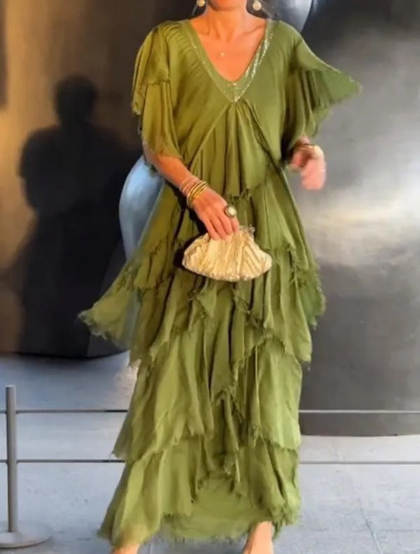 Celeste - Abito Fluttuante in Voile con Strati e Scollatura Scintillante (™)
