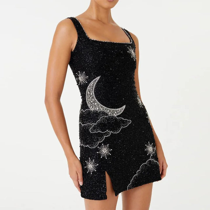Astalia - Vestito Corto Blu con Paillettes e Motivo Celestiale