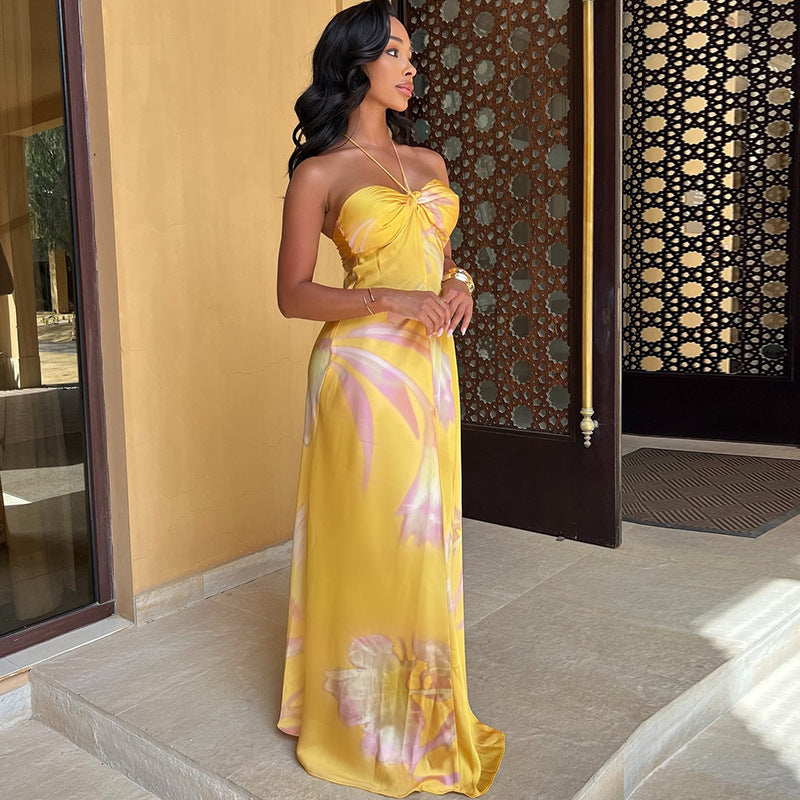 Aurora Elegance™ Satin Halter Maxi Dress in Golden Hue