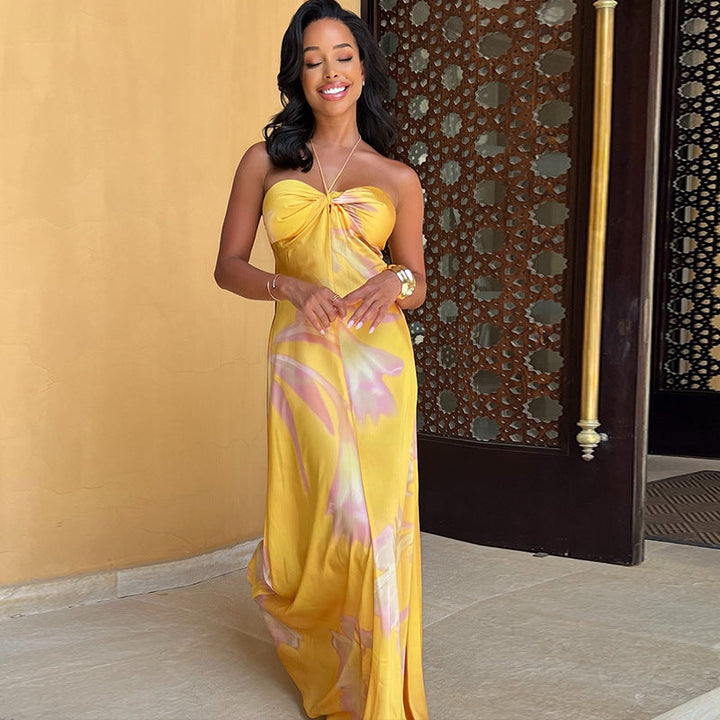 Aurora Elegance™ Satin Halter Maxi Dress in Golden Hue