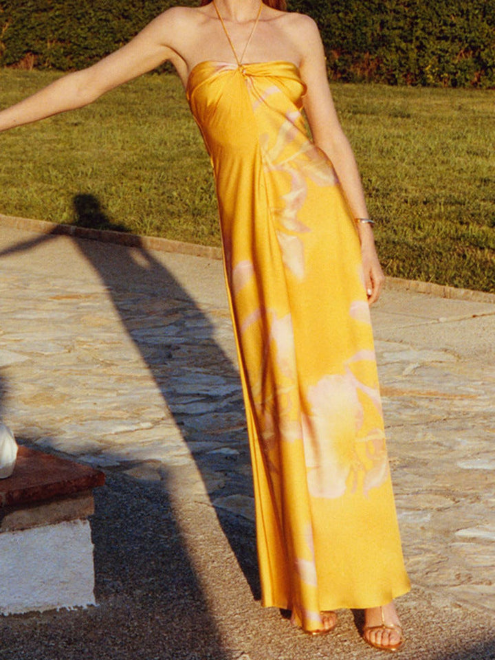 Aurora Elegance™ Satin Halter Maxi Dress in Golden Hue