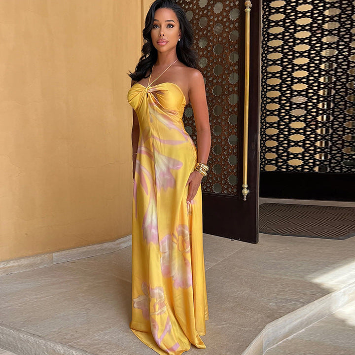 Aurora Elegance™ Satin Halter Maxi Dress in Golden Hue