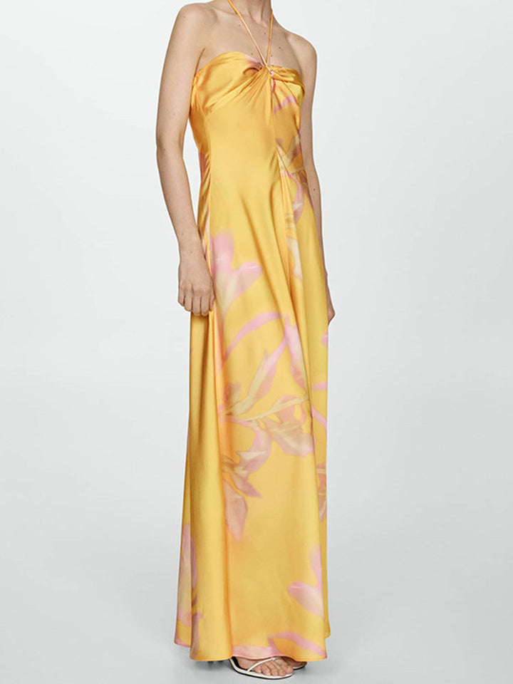Aurora Elegance™ Satin Halter Maxi Dress in Golden Hue