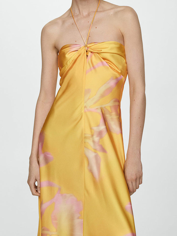 Aurora Elegance™ Satin Halter Maxi Dress in Golden Hue