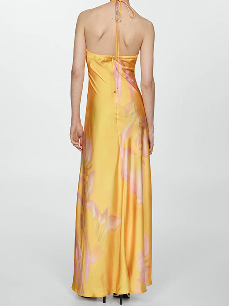 Aurora Elegance™ Satin Halter Maxi Dress in Golden Hue