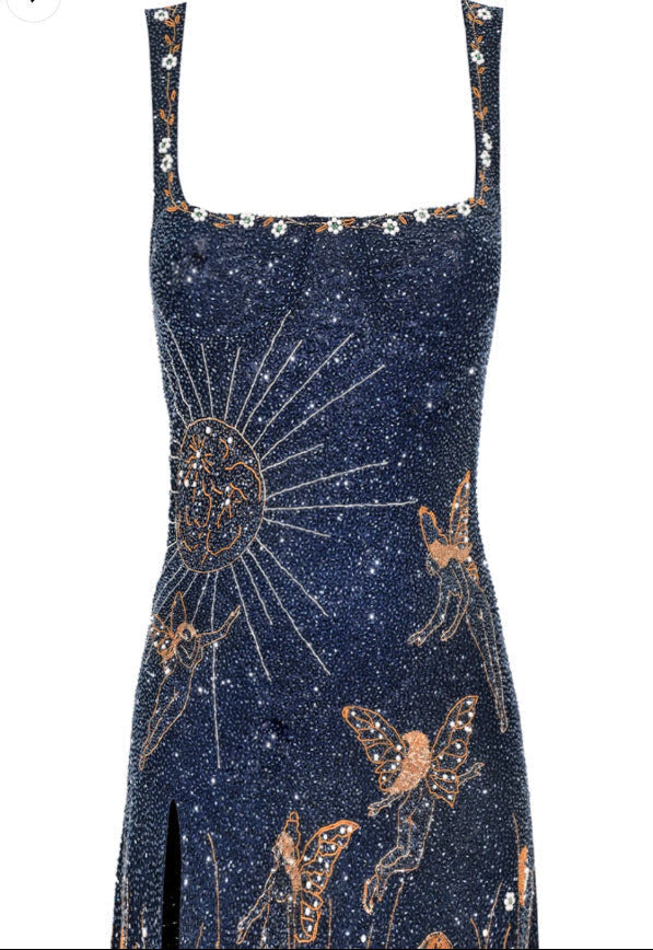 Astalia - Vestito Corto Blu con Paillettes e Motivo Celestiale
