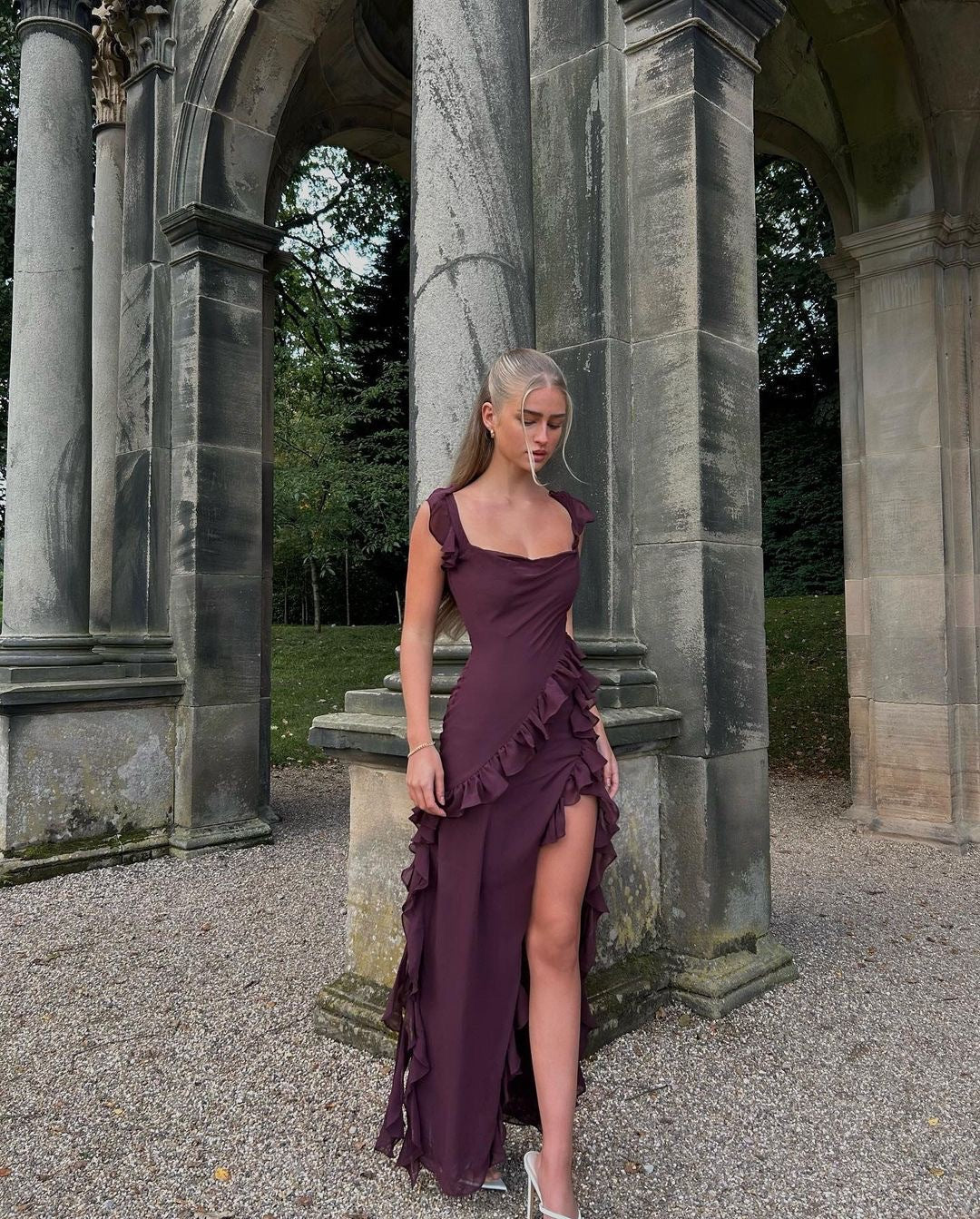 Elara-Chiffon Gown with Ruffles and Slit™