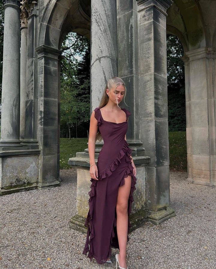 Elara-Chiffon Gown with Ruffles and Slit™