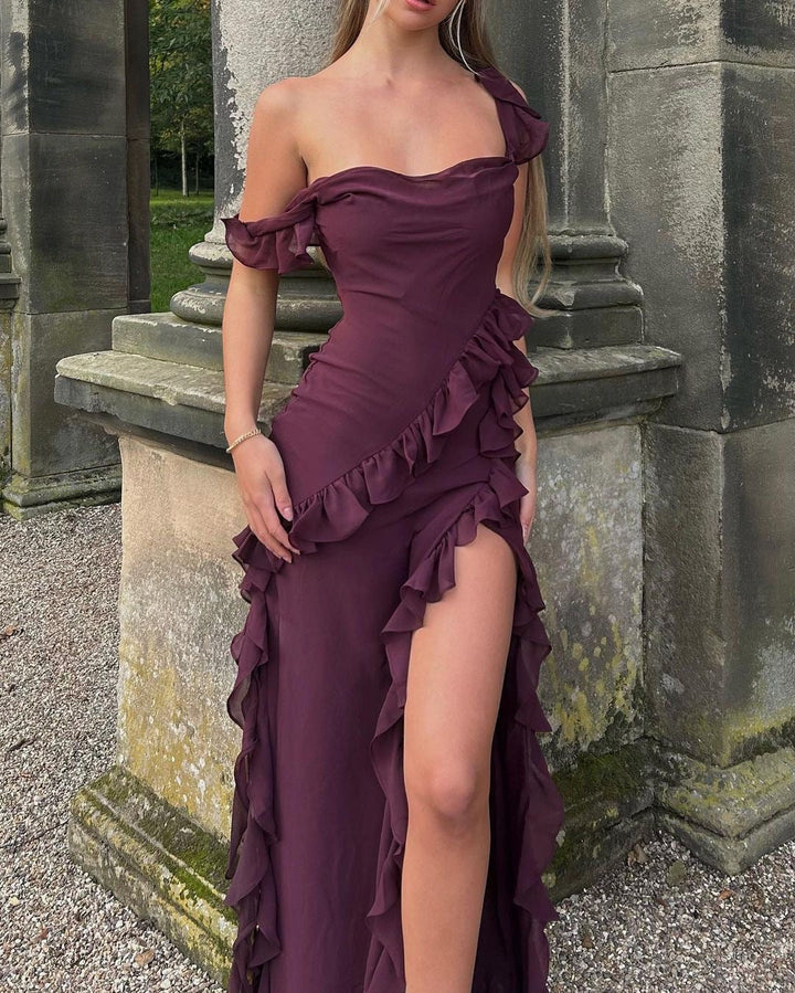 Elara-Chiffon Gown with Ruffles and Slit™
