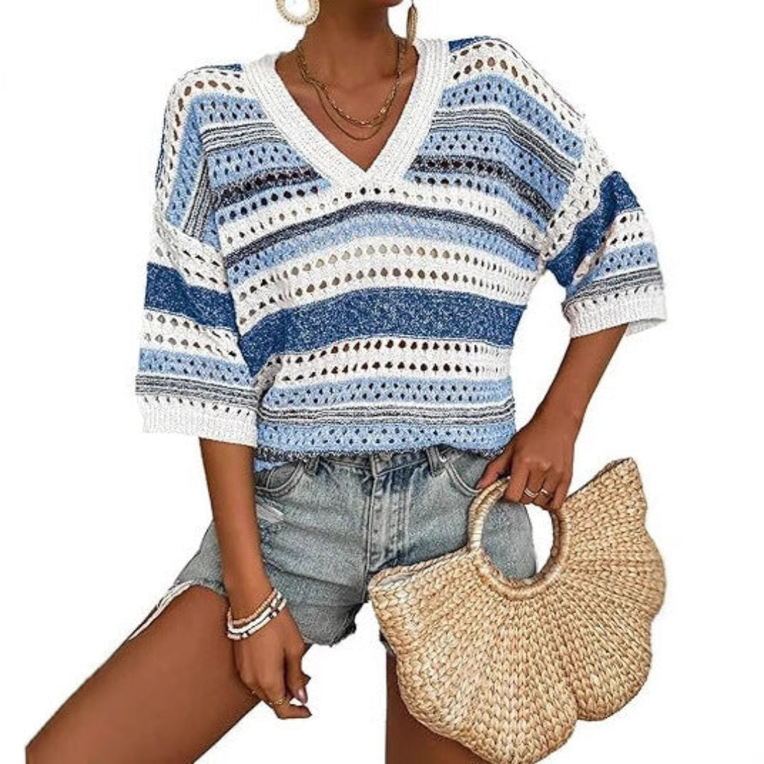 ELARA™ – Serene Striped Crochet V-Neck Top