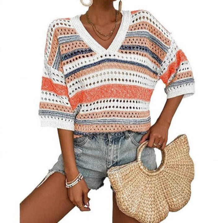 ELARA™ – Serene Striped Crochet V-Neck Top