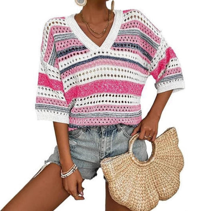 ELARA™ – Serene Striped Crochet V-Neck Top