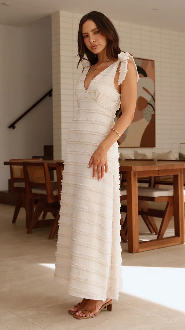 Vestito Lungo Testurizzato con Spalline a Fiocco