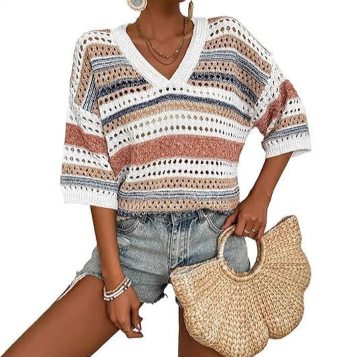 ELARA™ – Serene Striped Crochet V-Neck Top