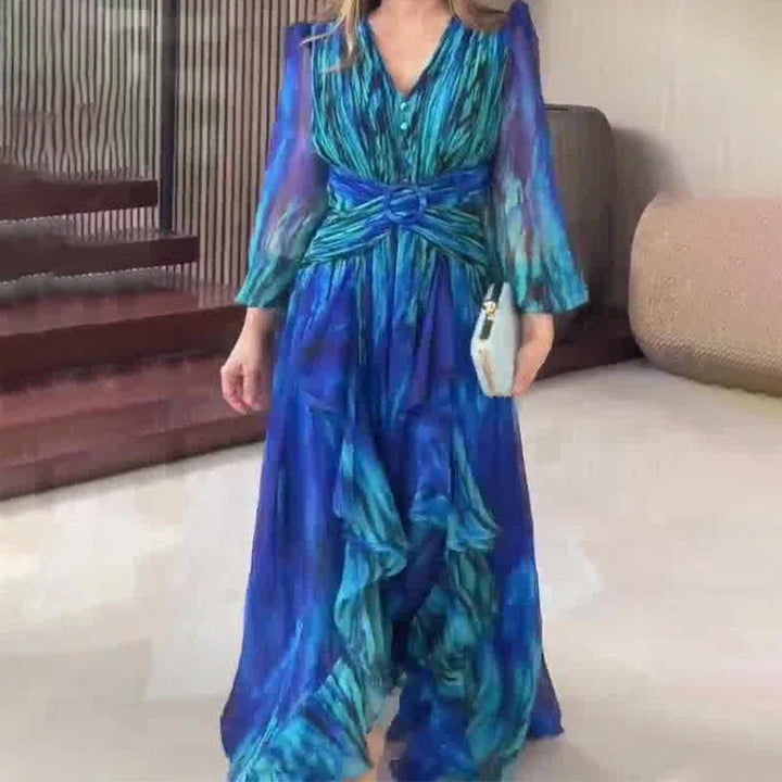 Vestito Lungo Stampato con Volant e Maniche Lunghe