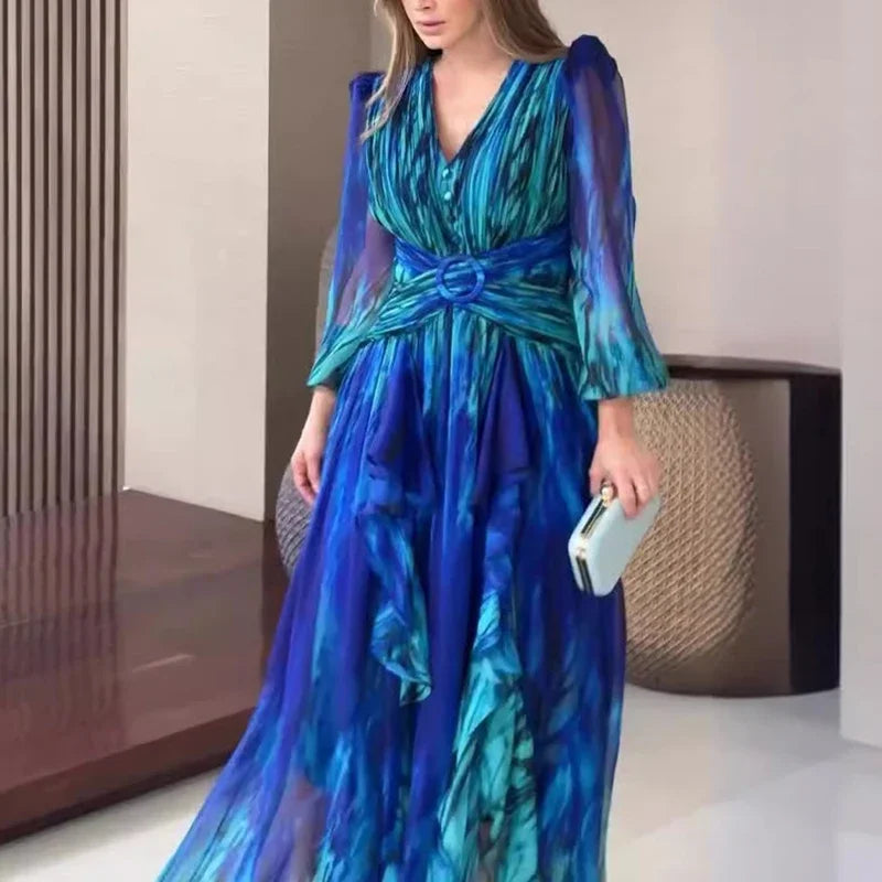 Vestito Lungo Stampato con Volant e Maniche Lunghe