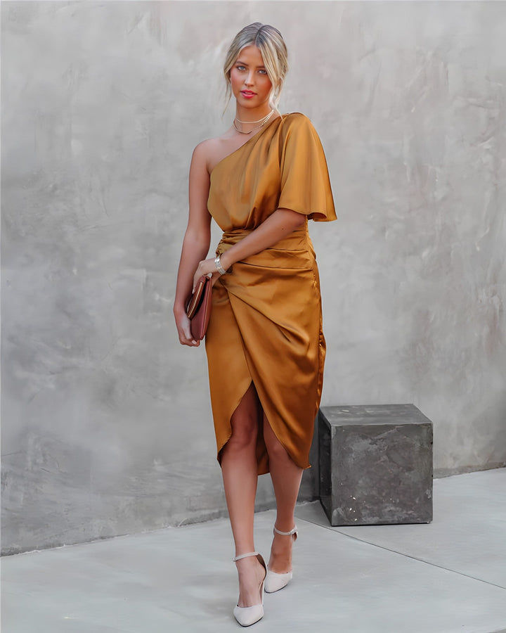 Celestia Asymmetry™ Satin Midi Dress
