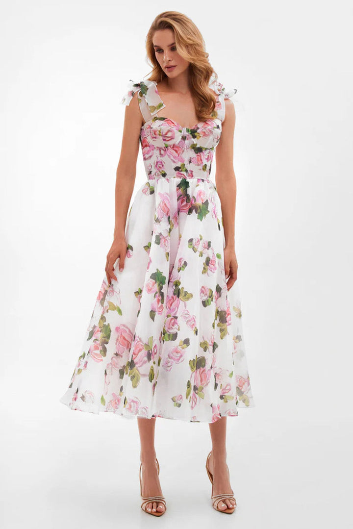 Elara Enchantress™: Floral Midi Dress with Structured Bodice and Shoulder Bows