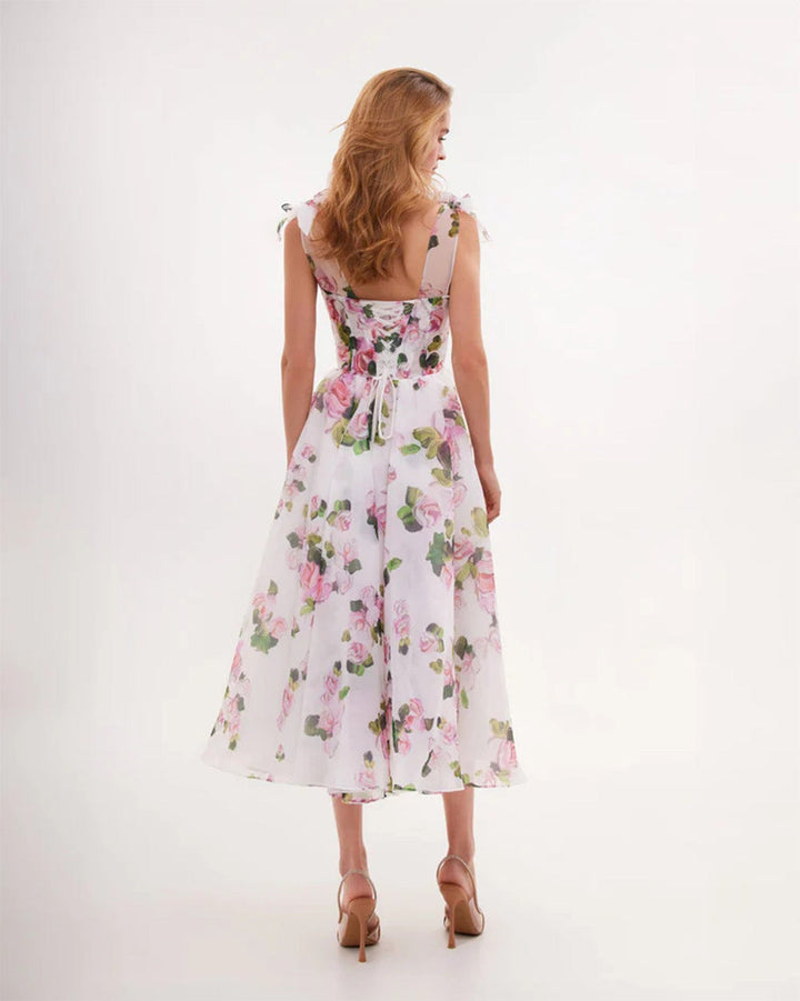 Elara Enchantress™: Floral Midi Dress with Structured Bodice and Shoulder Bows