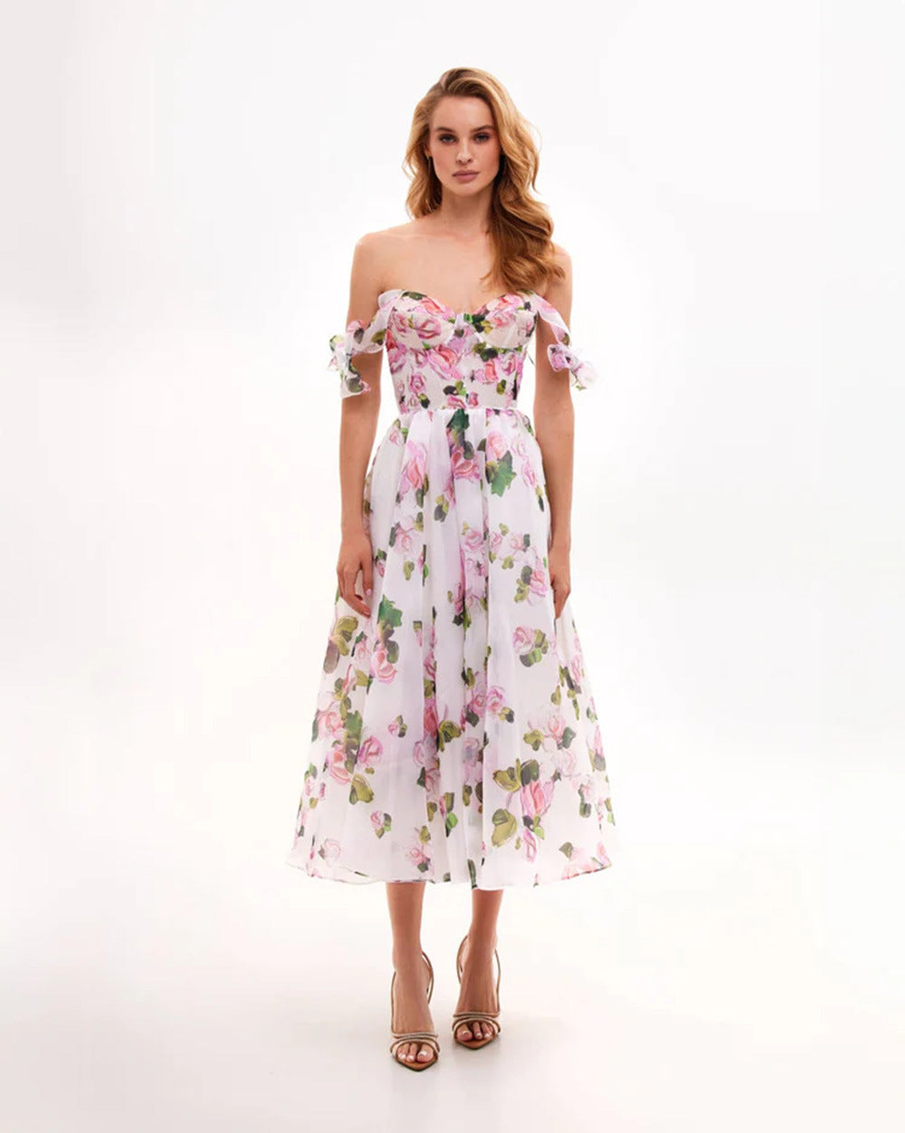 Elara Enchantress™: Floral Midi Dress with Structured Bodice and Shoulder Bows